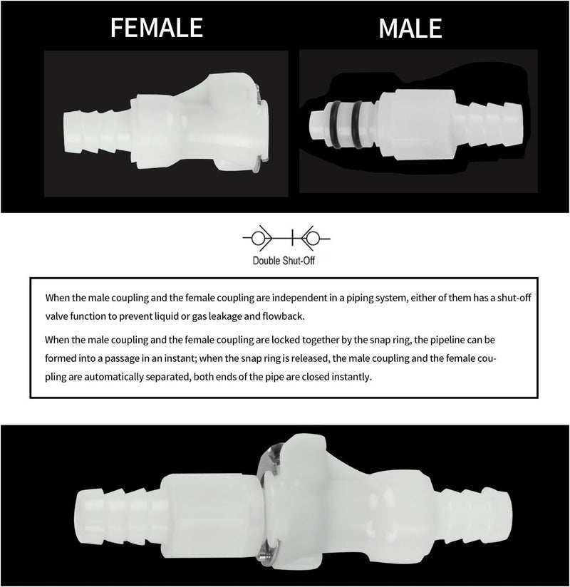 BBTUS 1/4" 3/8" 5/16" Plastic Hose Barb In-Line Quick Connector, Quick Release Vacuum Disconnect Coupling, Shut-Off Valved Insert Tube Quick Connect Fittings (1 Male+ 1 Female)(1/4") - Image 5